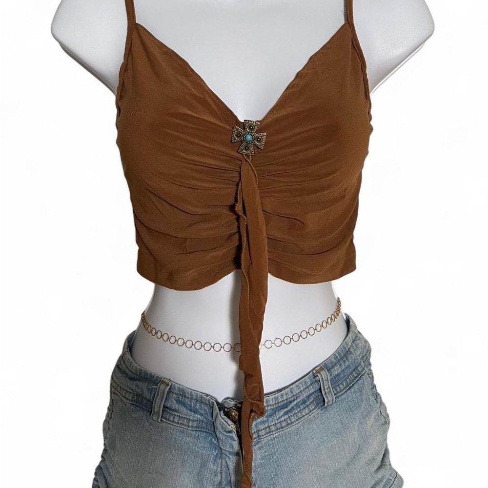 Y2K Brown Ruched Cami Top w/ Cross Jewel Detail